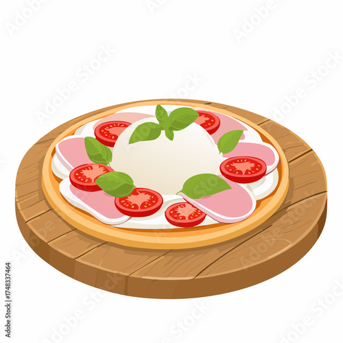 Pinsa Romana mit gekochtem Schinken, Kirschtomaten, Burrata-Käse und Basilikumblättern auf Holztisch