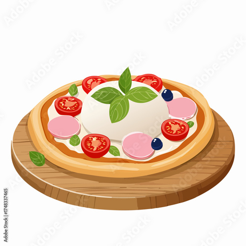 Pinsa Romana mit gekochtem Schinken, Kirschtomaten, Burrata-Käse und Basilikumblättern auf Holztisch
