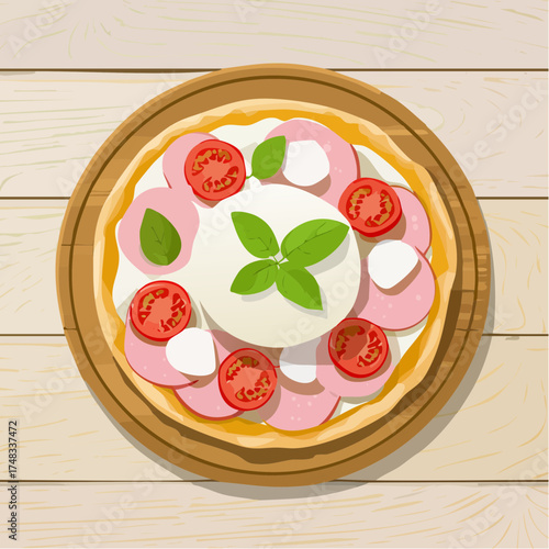 Pinsa Romana mit gekochtem Schinken, Kirschtomaten, Burrata-Käse und Basilikumblättern auf Holztisch