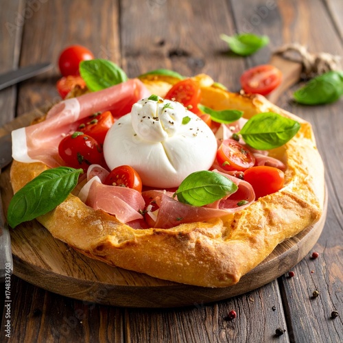 Pinsa Romana mit gekochtem Schinken, Kirschtomaten, Burrata-Käse und Basilikumblättern auf Holztisch