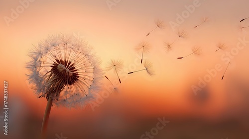 Golden Sunset Dandelion: Seeds Drifting on the Breeze, Nature's Ephemeral Beauty & New Beginnings in Soft Evening Light