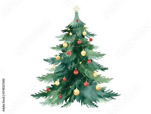 Festive Christmas tree adorned with red and gold ornaments and a shining star, evoking holiday cheer and seasonal warmth for greeting cards, social media, and decorations