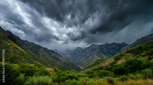 Dramatic Mountain Valley Landscape: Looming Storm Clouds & Verdant Peaks – Nature's Powerful Wilderness Vista