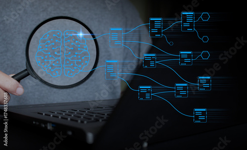 Artificial intelligence data analysis concept with magnifying glass inspecting digital brain connections