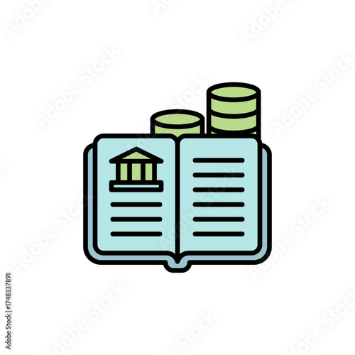Financial Education Book with Stacked Coins Representing Savings and Investment Growth