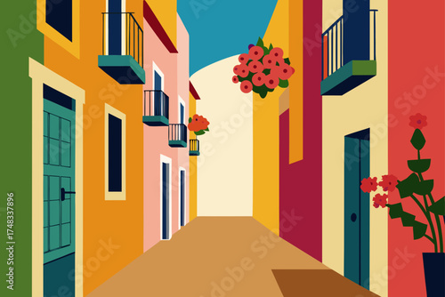 Colorful european street scene with balconies and flowers