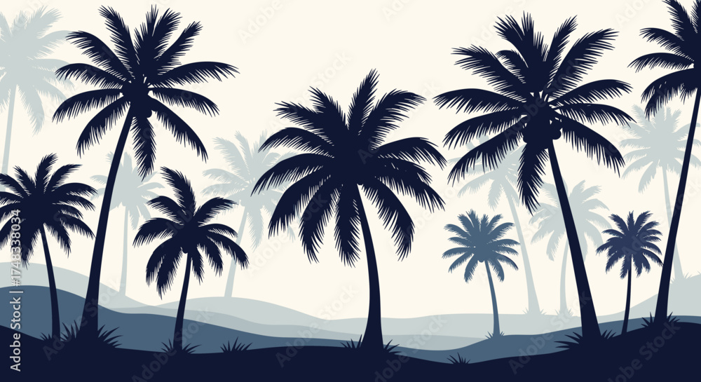 Obraz premium A serene digital landscape featuring silhouetted palm trees against a hazy sky.
