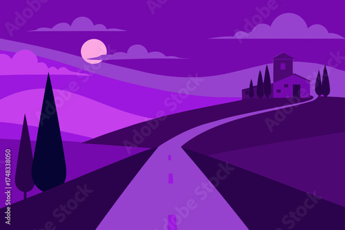 Minimalist purple landscape with rolling hills a winding road and a house