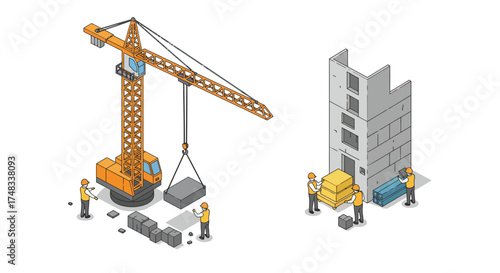 Isometric construction scene with crane and workers building a structure