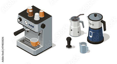 Modern coffee brewing tools in isometric style: espresso machine and accessories