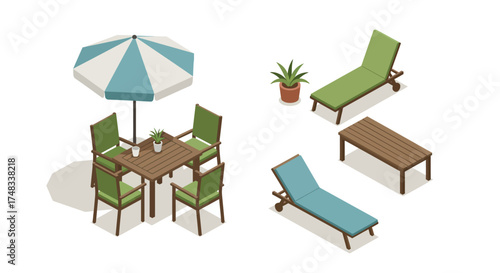 Isometric outdoor patio set with chairs, table, and sun loungers on white background