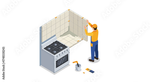 Isometric kitchen remodel with worker installing tiles and stove