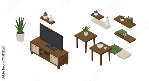 Isometric living room decor: modern tv stand and accessories