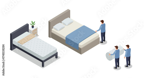Isometric bedroom concept with modern beds and person laying mattress