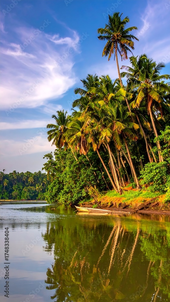 Obraz premium Tropical river scene with palm trees