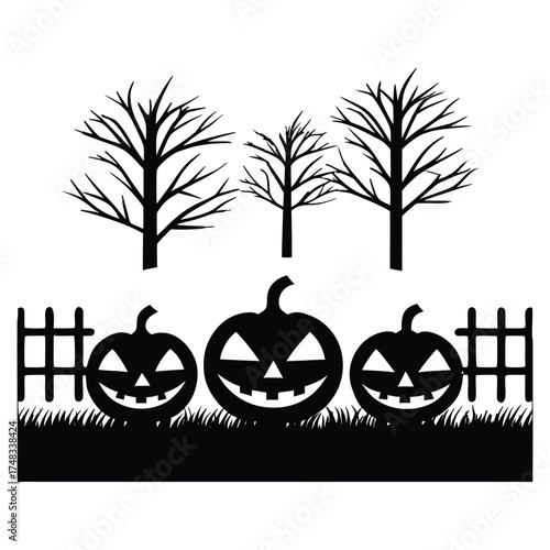 A black silhouette of a pumpkin patch scene