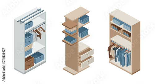 Isometric wardrobe designs featuring organized shelving and hanging clothes