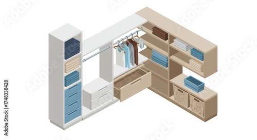Isometric modern closet design with shelving and hanging space