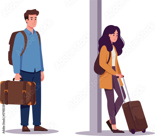 Travel scene, man and woman with suitcase, backpack gear, transit moment, stylish outfit, cartoon vector, cad drawing flat vector illustration
