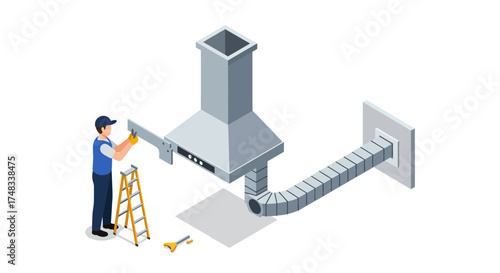 Isometric kitchen hood installation with worker and ladder in detailed 3d design