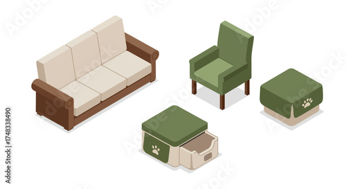 Cozy pet-friendly furniture set in isometric style for modern interiors