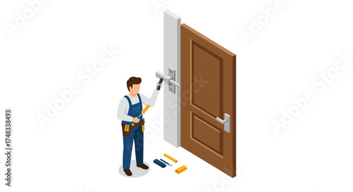 Isometric home improvement scene with carpenter fixing door lock