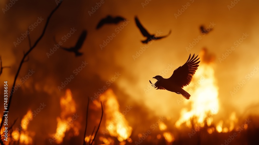 Fototapeta premium Wildfire engulfs landscape birds take flight nature scene dramatic environment captured moment ecological impact