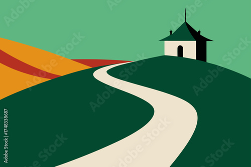 Winding path leads to a small house on a hilltop