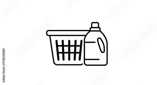 Laundry basket and detergent bottle outline icon for home cleaning