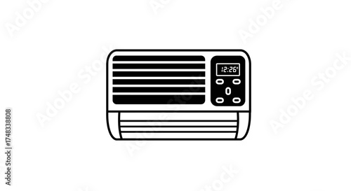 Minimalist black and white window air conditioner design with digital display