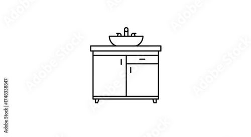 Minimalist bathroom sink cabinet icon in black and white line art style