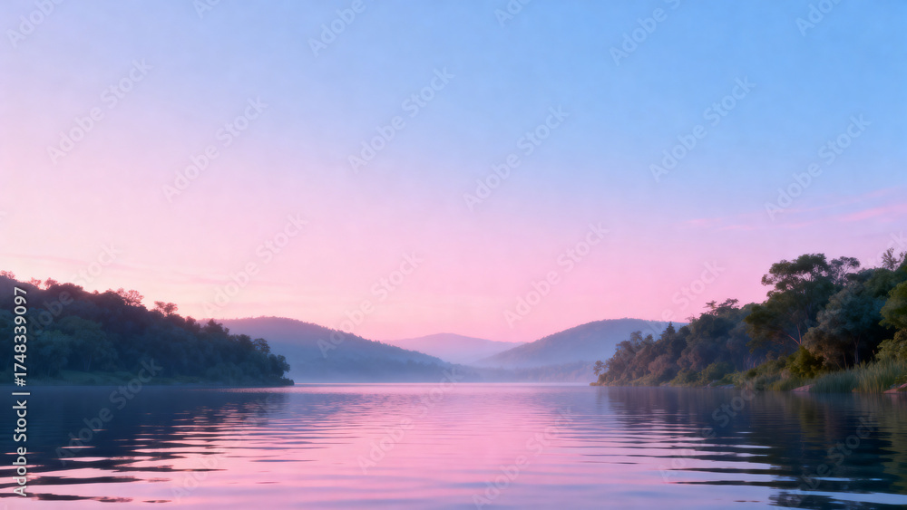 Fototapeta premium River at dawn with misty hills and pink sky