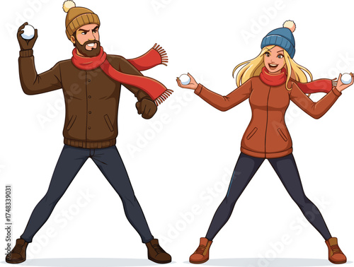 Winter snowball fight, cartoon man and woman playing outdoors, fun cold weather activity, flat vector illustration, festive winter scene, cheerful characters