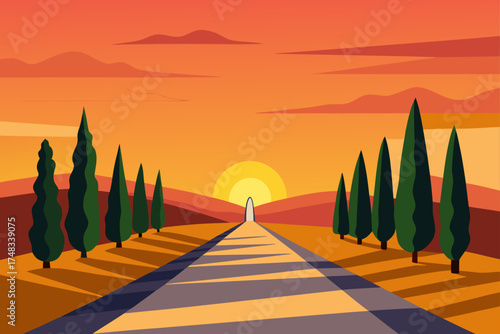 Stylized italian countryside road leading to a sunset archway