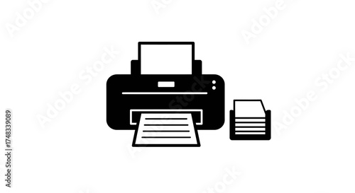 Black printer icon with paper stack on white background