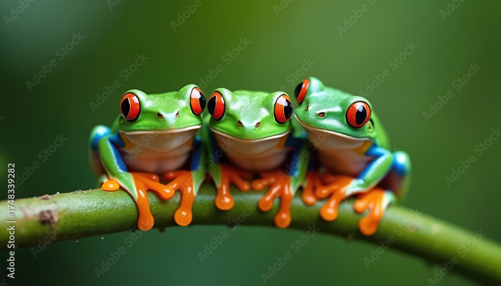 Naklejka premium Three green tree frogs with big red eyes sit together on a thin branch in lush green forest. Their orange feet cling to the plant stem while their blue bellies are visible.