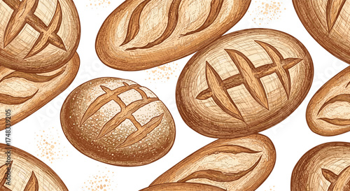 A delicious assortment of artisan bread loaves and rolls showcasing various scoring patterns.