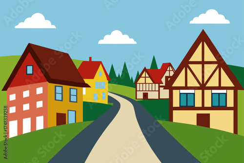 Charming village with colorful houses and a winding road