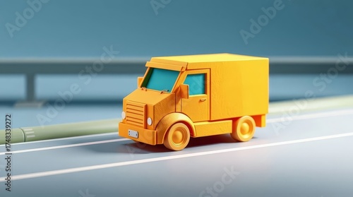A stylized yellow toy truck is shown on a smooth road with a barrier in the background