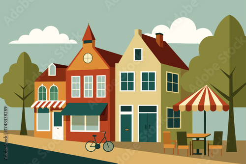Charming european street scene with colorful buildings and outdoor cafe