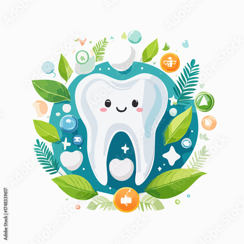 Cute Tooth Character with Greenery.