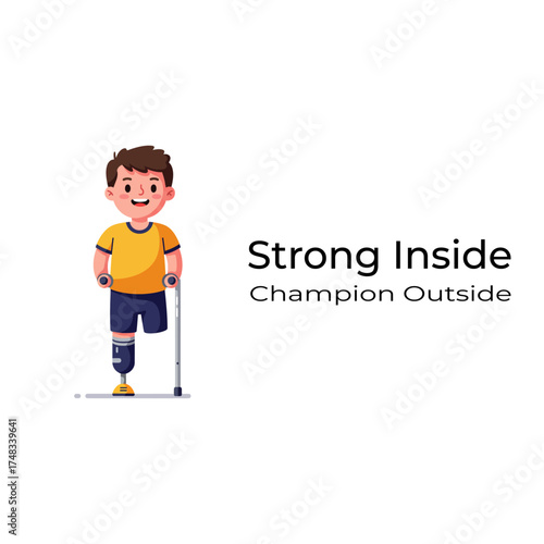 A cheerful illustration of a young boy with a prosthetic leg walking with a crutch, representing resilience, strength, and inner courage. Perfect for themes of inclusion, motivation, and sport.