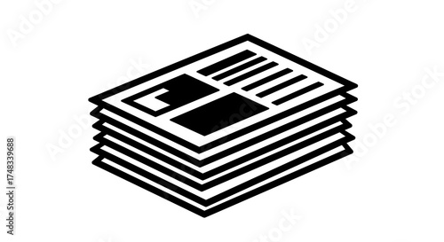Simple black and white newspaper icon in stack design on white background