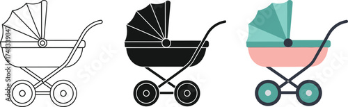 Set of baby stroller icons in outline silhouette and color vector illustration for baby products and parenting resources