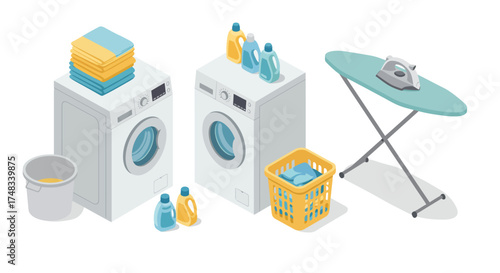 Isometric laundry room essentials: washing machine, dryer, ironing board, detergents
