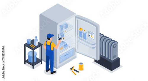 Isometric refrigerator repair scene featuring a technician fixing appliance with tools