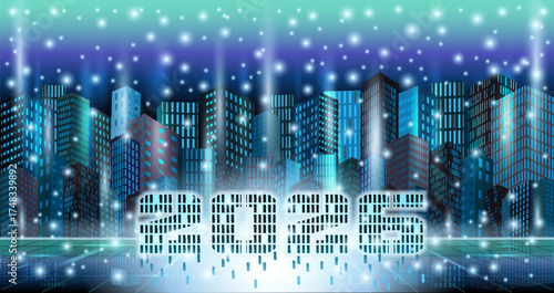 Happy New 2026 year in Winter City card, vector illustration