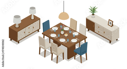 Elegant isometric dining room set with table, chairs, and decor elements in modern style