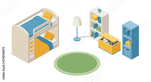 Isometric children's room with bunk bed and bookshelf design