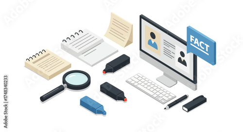 Isometric office desk with computer and research tools for fact checking and analysis